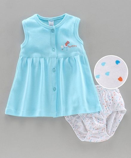 Tango 100% Cotton Sleeveless Frock With Bloomer Bird Print - Blue White
