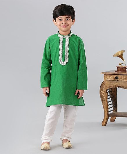 Babyhug Full Sleeves Kurta & Pyjama Set Placement Embroidered - Green & White