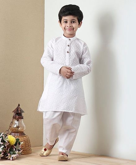 Babyhug Full Sleeves Kurta & Pyjama Set Embroidered - White