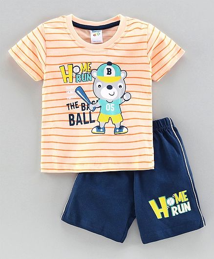 Tango Half Sleeves T-Shirt & Shorts Set Bear Print - Orange Navy