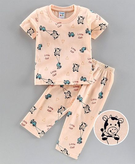 Tango Half Sleeves Night Suit Cow Print - Cream