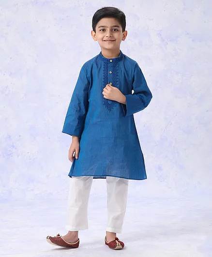 Babyhug Full Sleeves Kurta with Pyjama Set Placement Embroidery - Blue