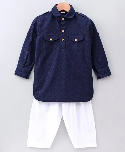 Babyhug Full Sleeves Embroidered Kurta & Pajama Set - Blue