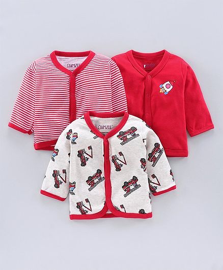 Bumzee Front Open Full Sleeves Vehicle Print Pack Of 3 Tee - Red