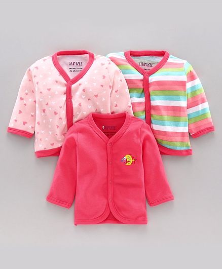 Bumzee Front Open Full Sleeves Heart Print & Striped Pack Of 3 Vest - Pink