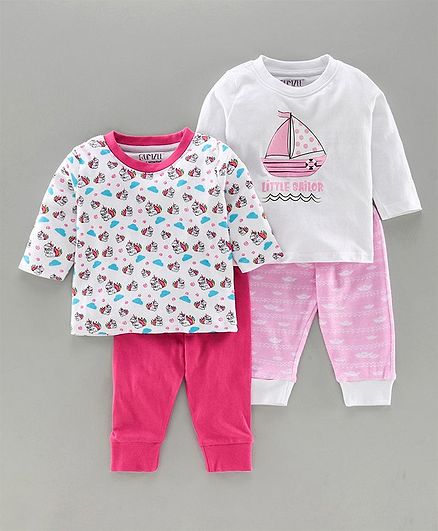 Bumzee Pack Of 2 Pair Of Full Sleeves Boat Printed Tee & Joggers Set - Pink & White