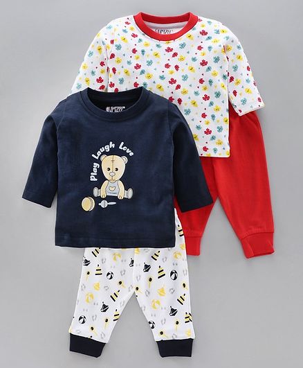 Bumzee Full Sleeves Bear & Leaves Print Pack Of 2 Tee With Pack Of 2 Pajamas - Blue Red