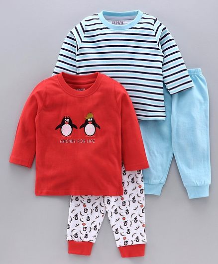 Bumzee Pack Of 2 Full Sleeves Penguin Print T-Shirts With Joggers Set - Blue & Red