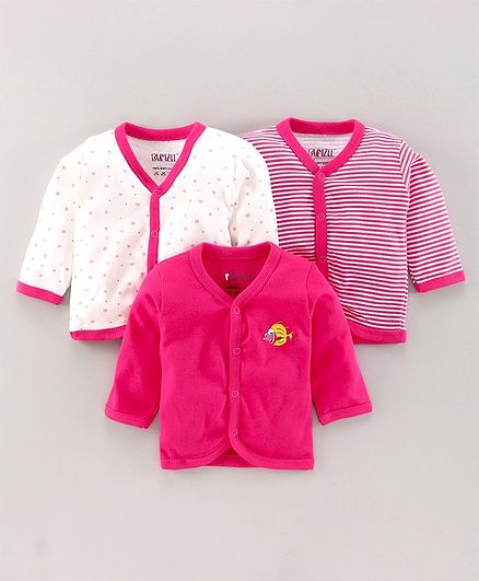 Bumzee Pack Of 3 Front Open Full Sleeves Striped & Flower Print Vests - Pink