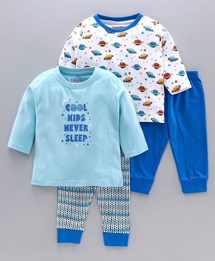 BUMZEE Pack Of 2 Full Sleeves Planet Print Tees With Joggers - Blue