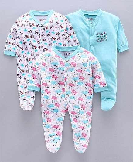 Bumzee Full Sleeves Pack Of 3 Animal Print Sleep Suits - Blue
