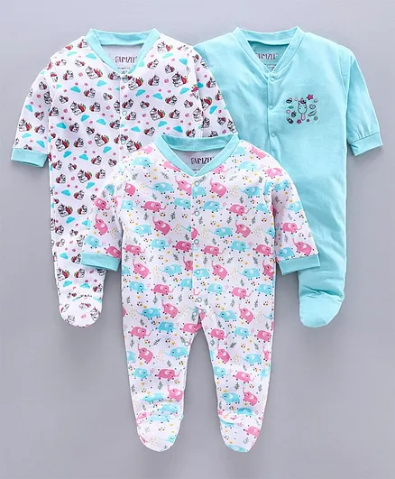 Bumzee Full Sleeves Pack Of 3 Animal Print Sleep Suits - Blue