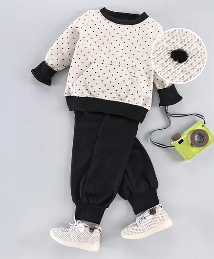 Pspeaches Full Sleeves Dots Print Sweatshirt With Pant - Black