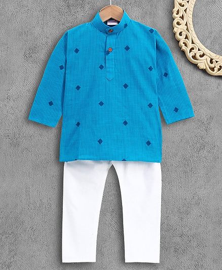 Ridokidz Full Sleeves Self Striped Kurta With Pajama - Blue