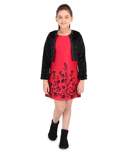 Cutecumber Sleeveless Floral Print Dress With Shrug - Red