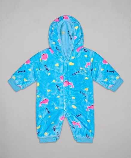 The Sandbox Clothing Co All Over Fish Printed Full Sleeves Hooded Romper - Light Blue