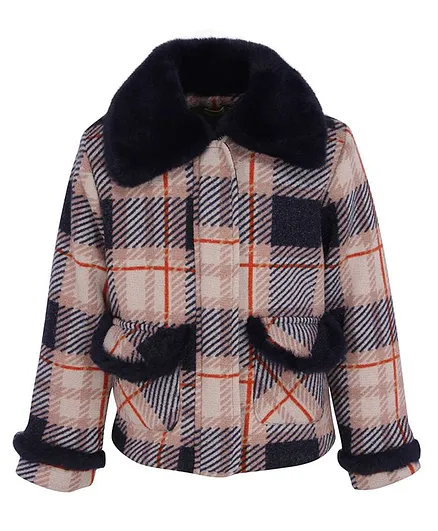 Cutecumber Full Sleeves Checked Coat - Navy Blue