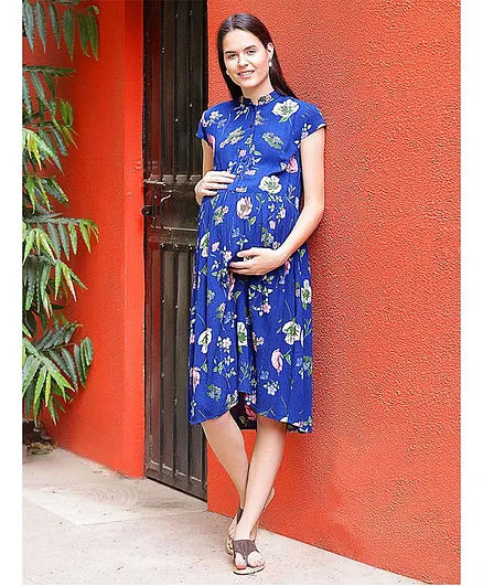 Mine4Nine Short Sleeves Floral Print Maternity Dress - Navy Blue