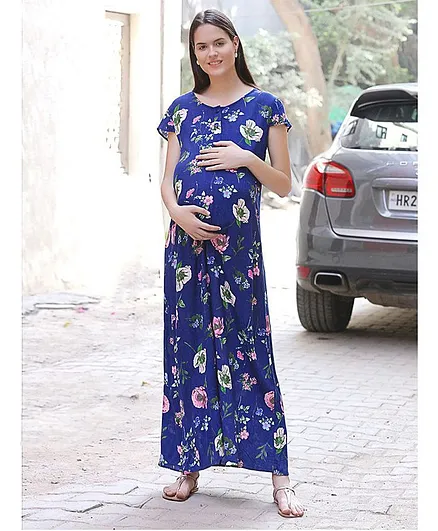 Mine4Nine Short Sleeves Floral Printed Maternity Maxi Dress - Blue