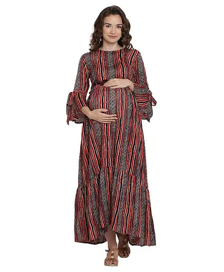 Mine4Nine Printed Full Sleeves Striped Maternity Dress - Red