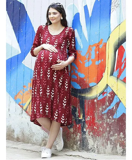 Mine4Nine Three Fourth Sleeves Printed Maternity Dress - Maroon