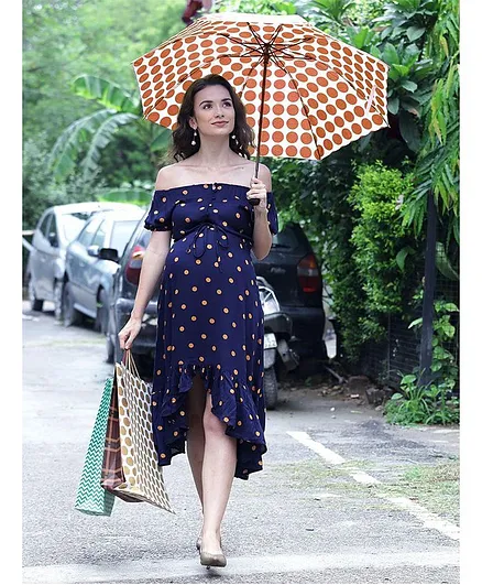 Mine4Nine Polka Dot Print Half Sleeves Maternity Dress - Navy Blue