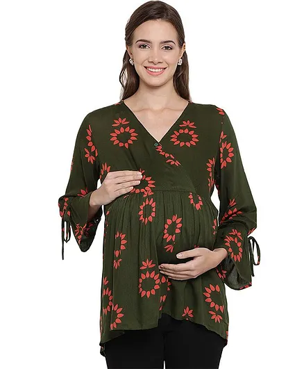 Mine4Nine Maternity Flower Printed Full Sleeves Top - Green