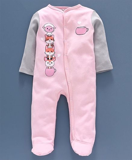 Go Bees Full Sleeves Animals Printed Footed Romper - Baby Pink