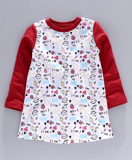 Go Bees Full Sleeves All Over Cats Printed Dress - White