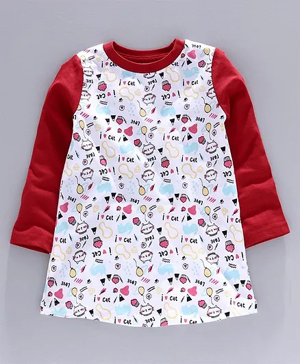 Go Bees Full Sleeves All Over Cats Printed Dress - White
