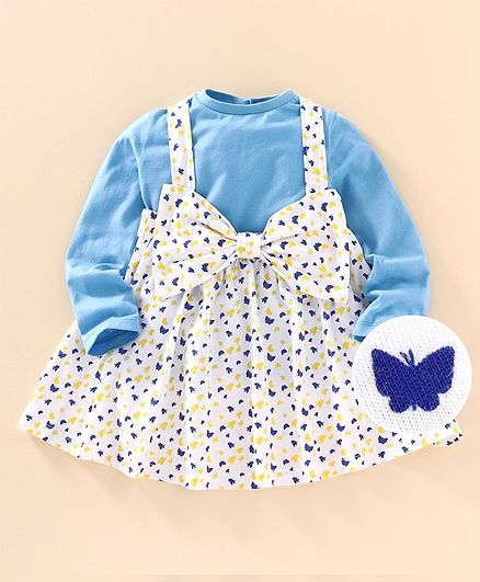 Go Bees Full Sleeves Top With Butterfly Print Bow Embellished Suspender Skirt - White & Blue