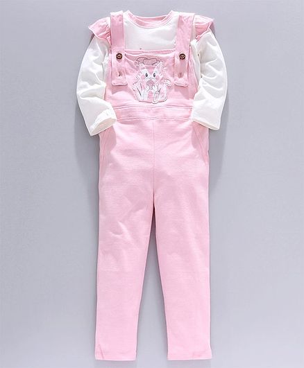 Go Bees Full Sleeves Top With Cat Patch Dungaree - Baby Pink & White