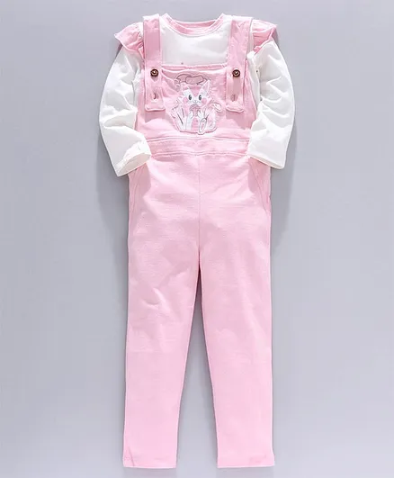 Go Bees Full Sleeves Top With Cat Patch Dungaree - Baby Pink & White