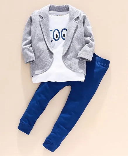 Go Bees Full Sleeves Fleece Jacket With Cool Print Tee & Pants - White Blue Grey