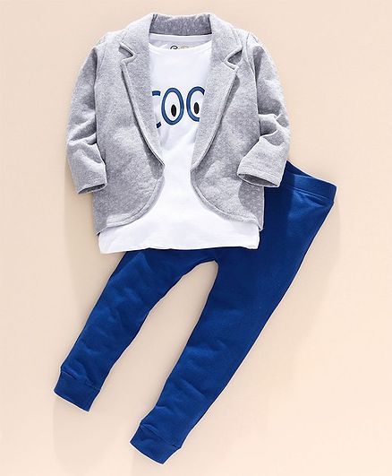 Go Bees Full Sleeves Fleece Jacket With Cool Print Tee & Pants - White Blue Grey