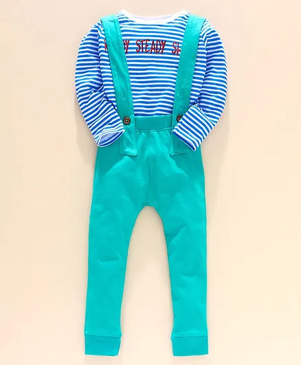 Go Bees Full Sleeves Striped Tee With Dungaree - Green & Blue