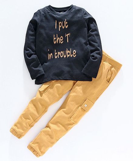 Go Bees Full Sleeves Text Printed Tee With Pants - Black & Brown