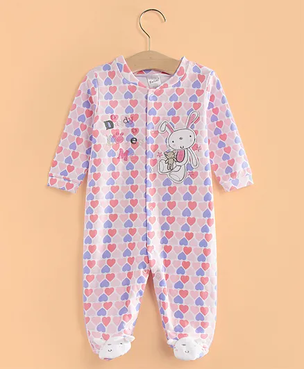Kookie Kids Full Sleeves Footed Romper Hearts and Bunny Print - Pink