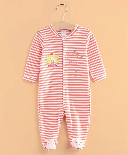 Kookie Kids Full Sleeves Stripe Footed Romper Fairy Embroidery - Red White