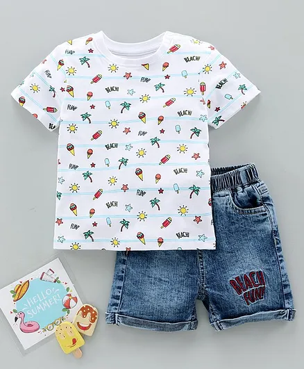 Babyoye Half Sleeves Tee and Denim Shorts Set Ice Cream Print - White