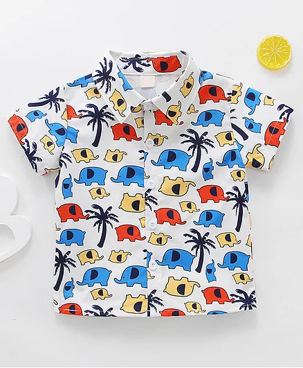 Kookie Kids Half Sleeves Shirt Elephant Print - Red - Blue