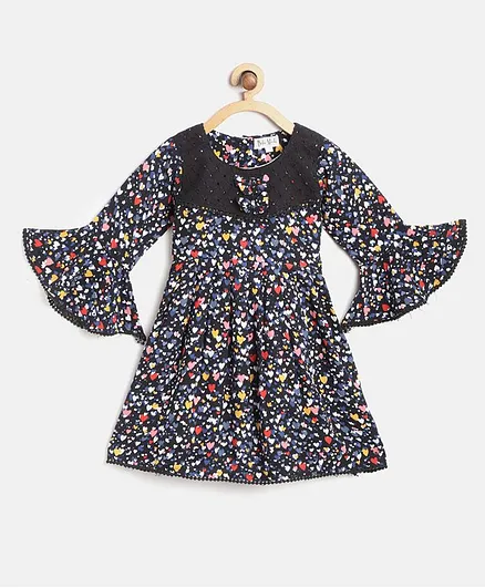 Bella Moda Ruffle Full Sleeves All Over Heart Printed Dress - Navy Blue
