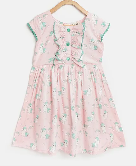 Bella Moda Cap Sleeves Unicorn Prined Dress - Light Pink