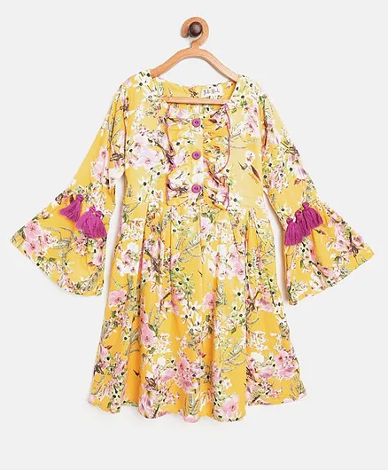 Bella Moda Ruffle Full Sleeves Floral Print Dress - Yellow