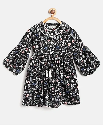 Bella Moda Full Sleeves Floral Print Dress - Black