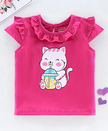 Babyhug Half Sleeves Tee Cat Print - Pink