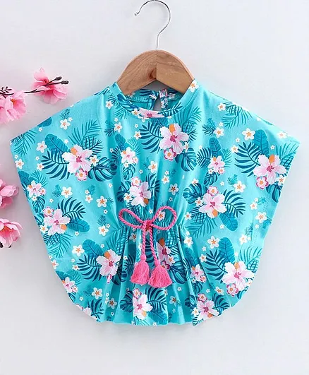 Babyhug Half Sleeves Floral Printed Poncho Style Top - Blue