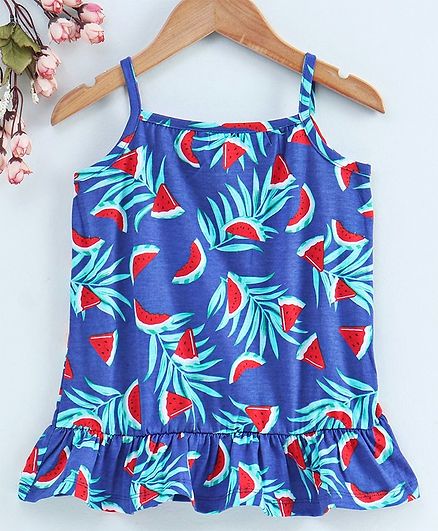 Babyhug Singlet Sleeves Peplum Frock Watermelon Print - Navy Blue