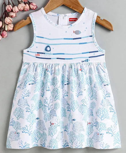 Babyhug Sleeveless Frock Sea Print - White