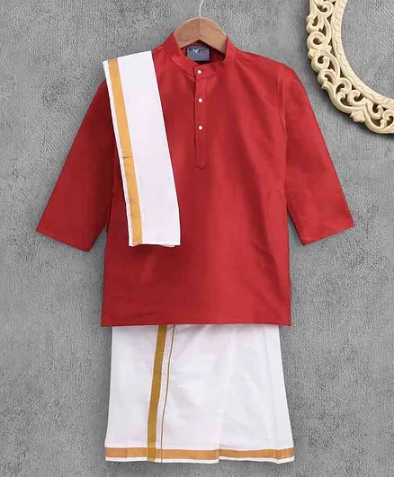 Dapper Dudes Full Sleeves Solid Colour Mundu Set With Angavastram - Red